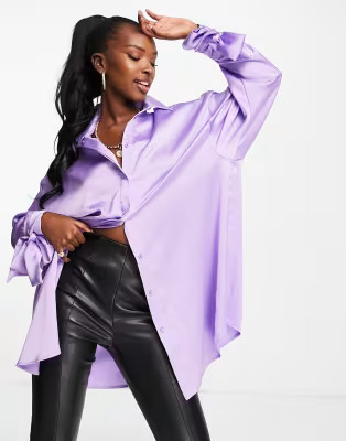 ASOS DESIGN oversized satin shirt with tie cuff detail in lilac | ASOS (Global)