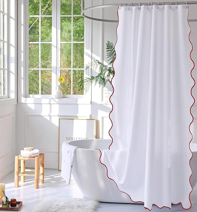 youngseahome White Fabric with Rust Scalloped Border Shower Curtain,Boho Chic Cloth Shower Curtai... | Amazon (CA)