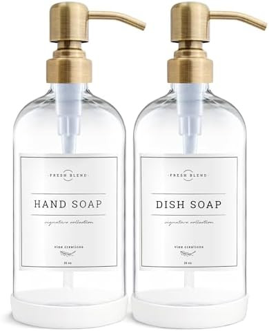 Vine Creations Clear Glass Soap Dispenser, 2 Pack Kitchen Soap Dispenser Set with Stainless Steel... | Amazon (US)