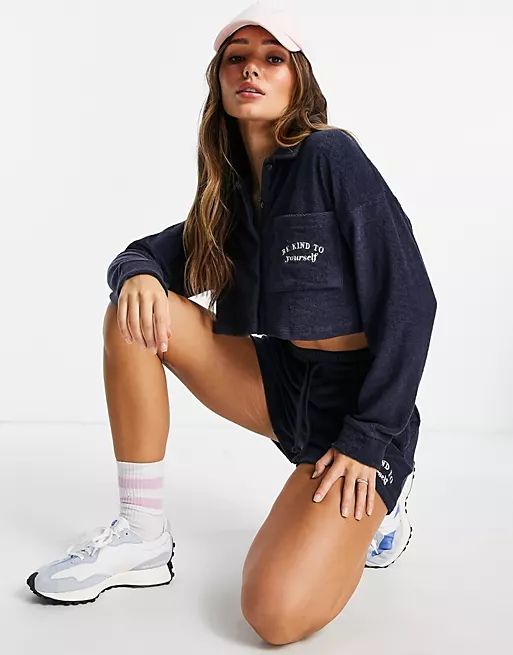 ASOS DESIGN oversized tracksuit in towelling with button through sweatshirt / sweat short in petr... | ASOS (Global)
