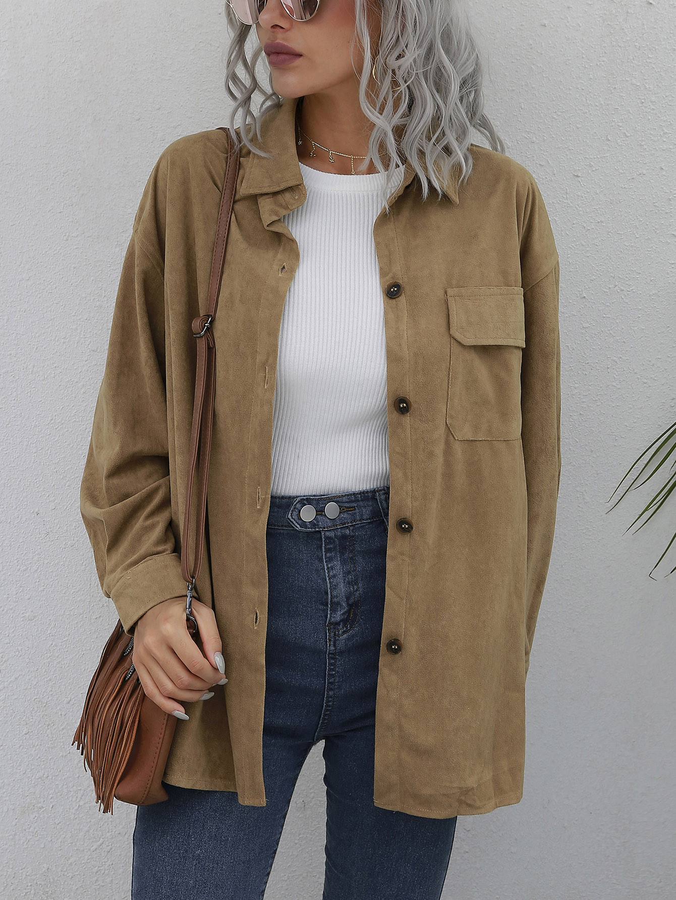 Flap Pocket Drop Shoulder Suede Coat | SHEIN