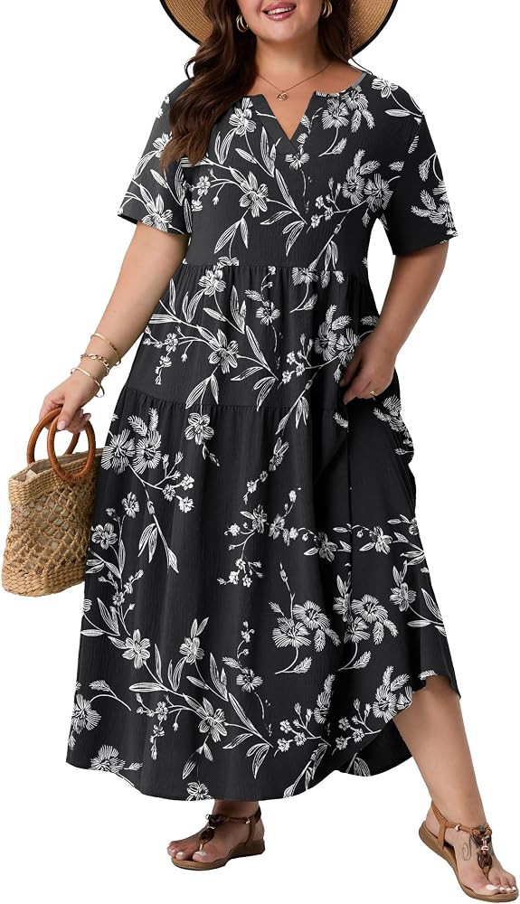 OLRIK Plus Size Maxi Dresses for Curvy Women - Flowy Boho Summer Dress with Pockets, V-Neck Short... | Amazon (US)