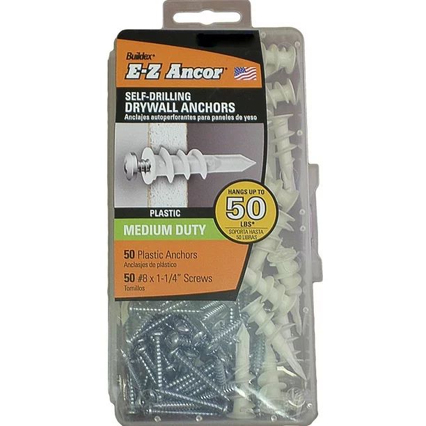 Plastic E-z Ancor Kit #50 Self Drilling Drywall Anchor Set, with Screws 8 X 1-1/4&quot; Phillips ... | Walmart (US)