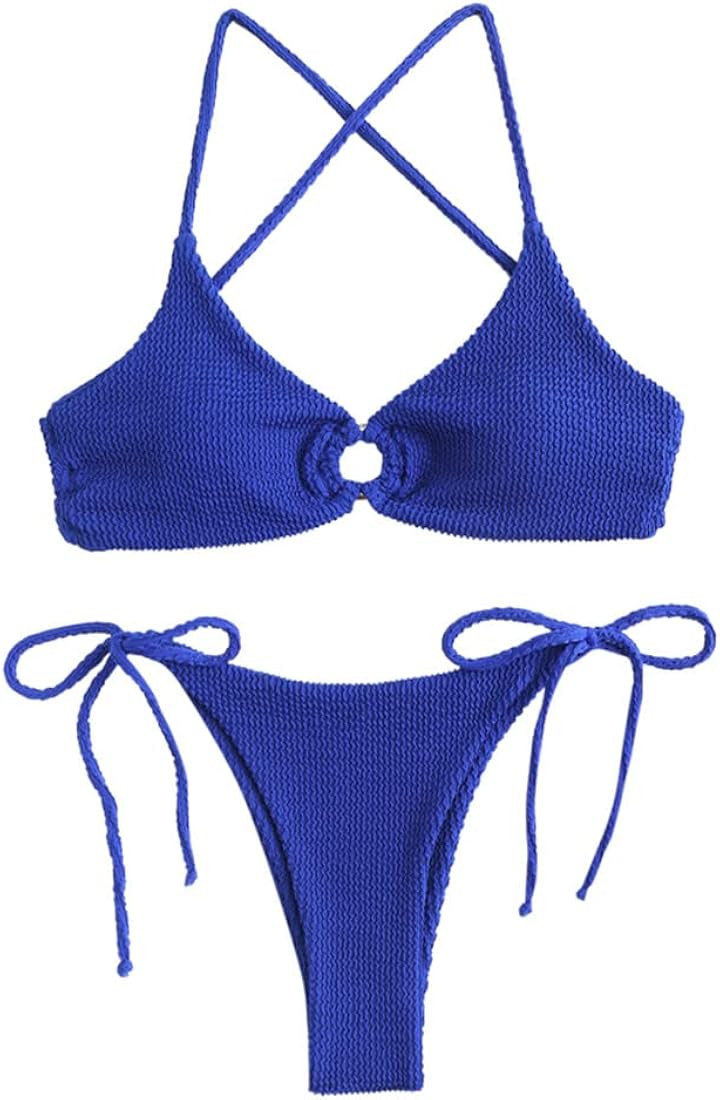 ZAFUL Women's Crisscross Bikini Set Floral Print Two Pieces Swimsuit Lace Up High Cut Swimwear | Amazon (US)