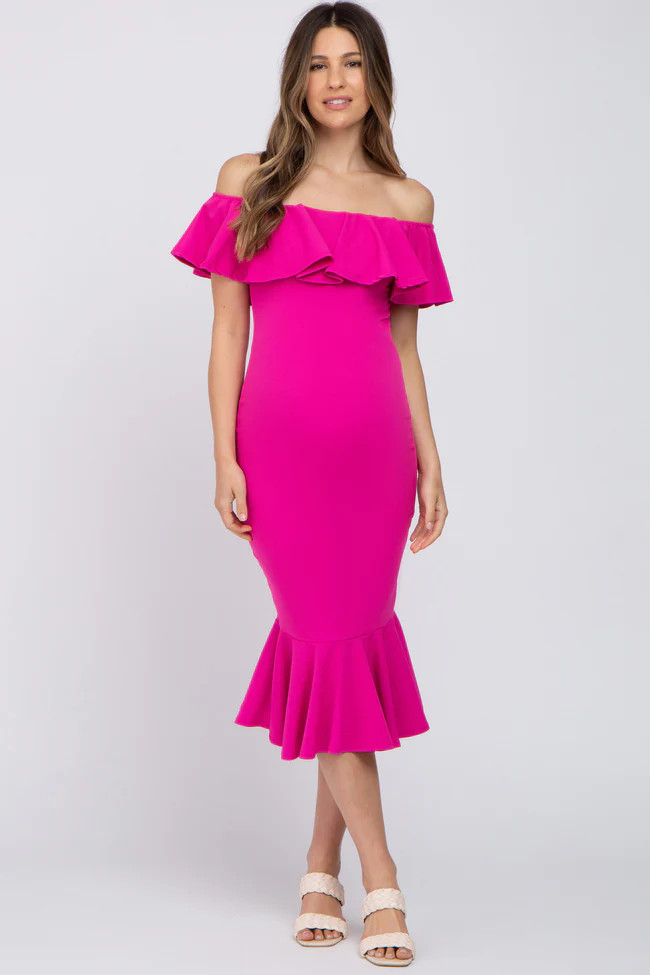 Fuchsia Ruffle Off Shoulder Mermaid Hem Maternity Dress | PinkBlush Maternity