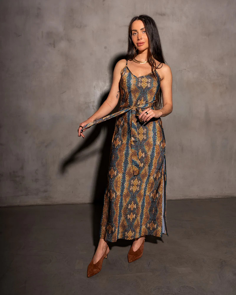 Women's Colorful Snake Print Satin Slip Dress - Adjustable Slit | Care Tucker