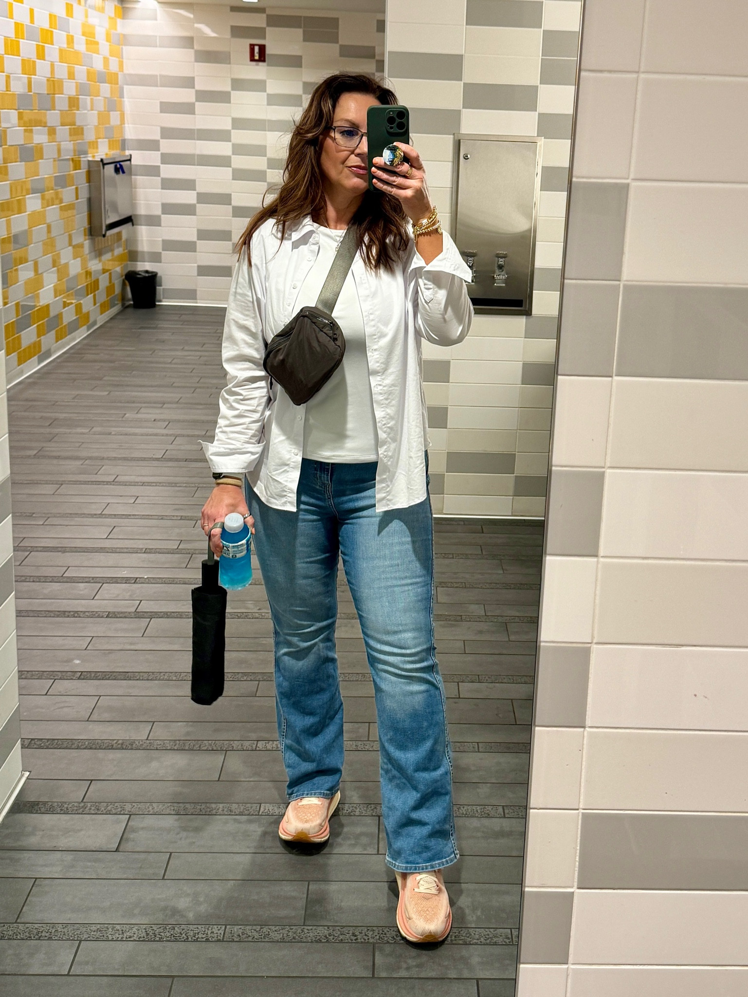 Navy Pier look. Jeans. White button up  

#LTKMidsize #LTKTravel #LTKShoeCrush