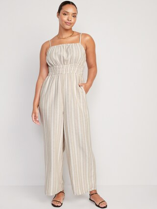Striped Linen-Blend Cropped Smocked Cami Wide-Leg Jumpsuit for Women | Old Navy (US)