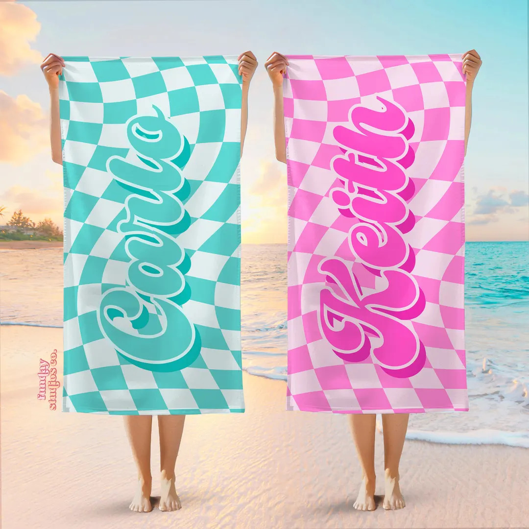Custom Checker Beach Towel, Bachelorette Party Gift, Retro Style Pool Towel, Personalized Beach T... | Etsy (US)