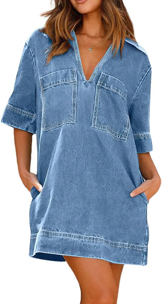 CHARTOU Women Loose Denim Dress Short Sleeve Casual Summer Dress Turn Down Pullover Vintage Tunic... | Amazon (US)