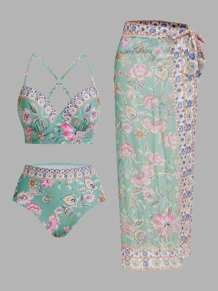 Swim Oasis Elegant Floral Baroque Underwire Padded High-Waisted Bikini Set, Ruched Swimwear For Women, For Summer Beach Vacation | SHEIN