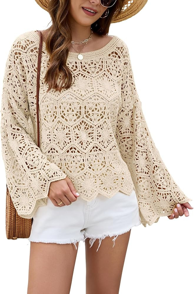 Allimy Womens Oversized Long Bell Sleeve Boat Neck Crochet Tops Hollow Out Knit Sweater Pulllover... | Amazon (US)