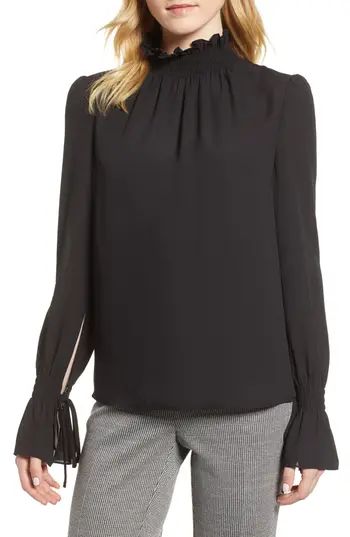 Petite Women's Vince Camuto Smocked Neck Blouse, Size X-Small P - Black | Nordstrom