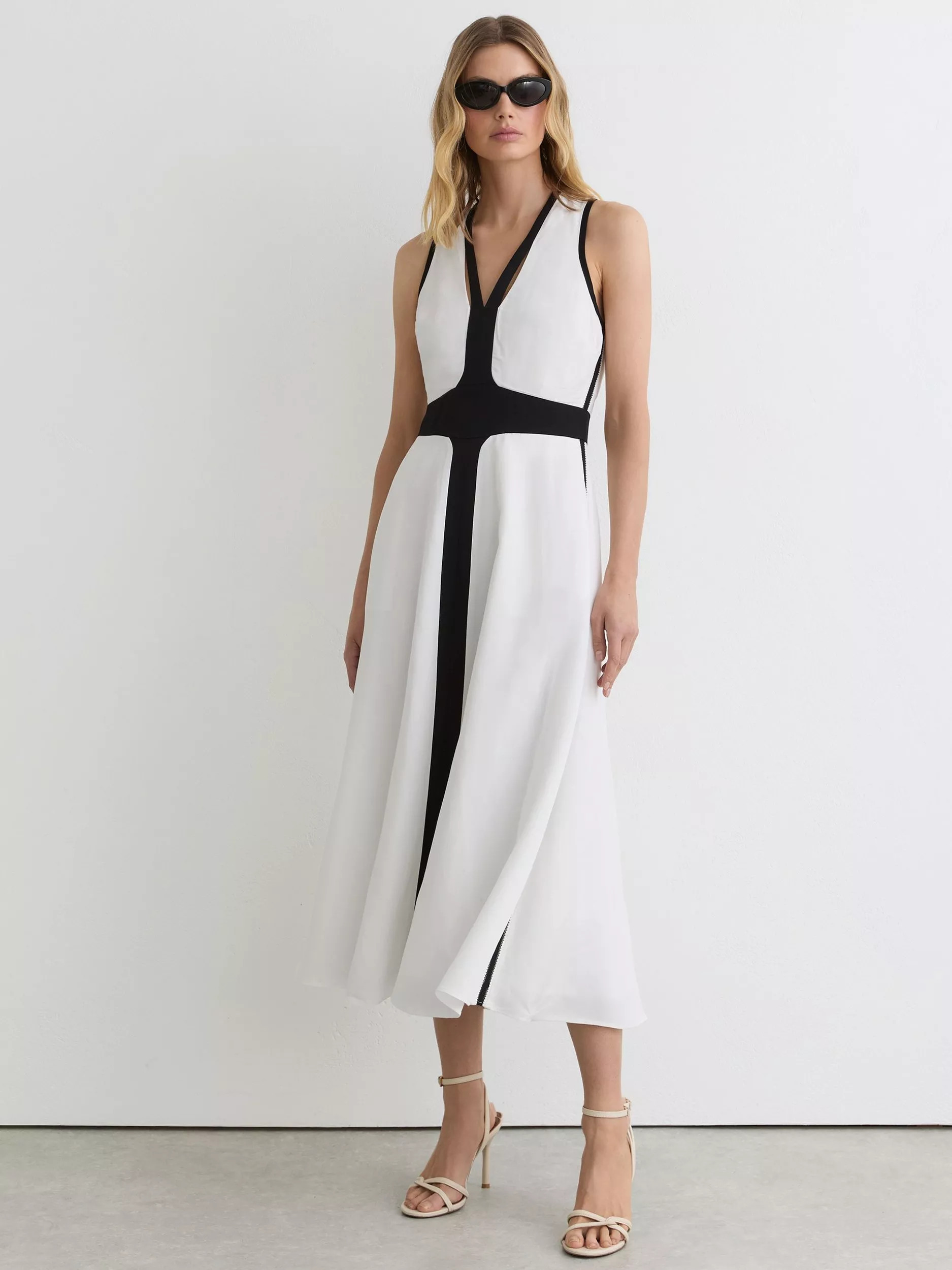 Reiss Nova Sleeveless V-Neck Midi Dress, Ivory/Black | John Lewis (UK)