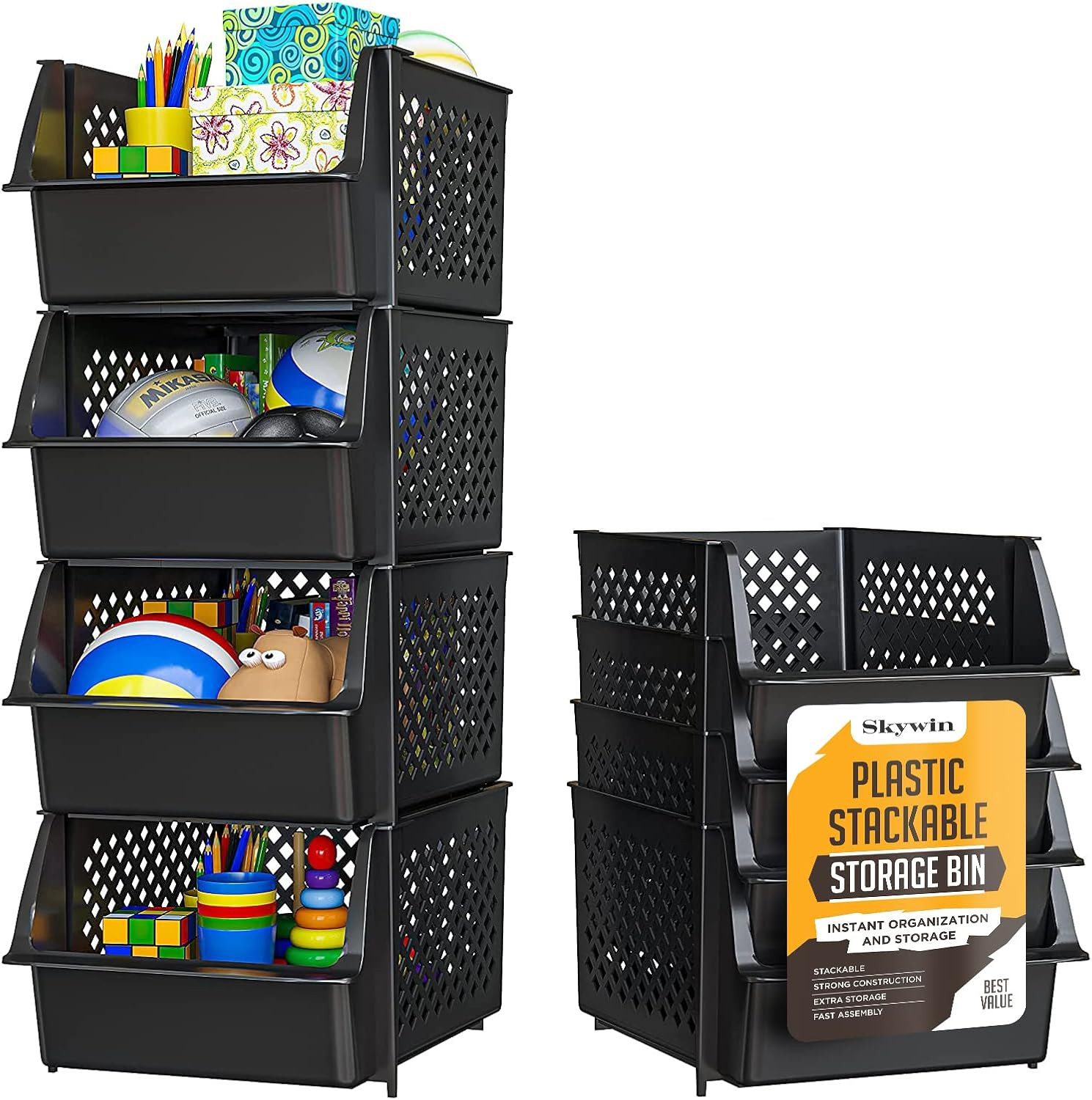 Skywin Plastic Stackable Storage Bins for Pantry - 4-Pack Black Stackable Bins For Organizing Foo... | Amazon (US)