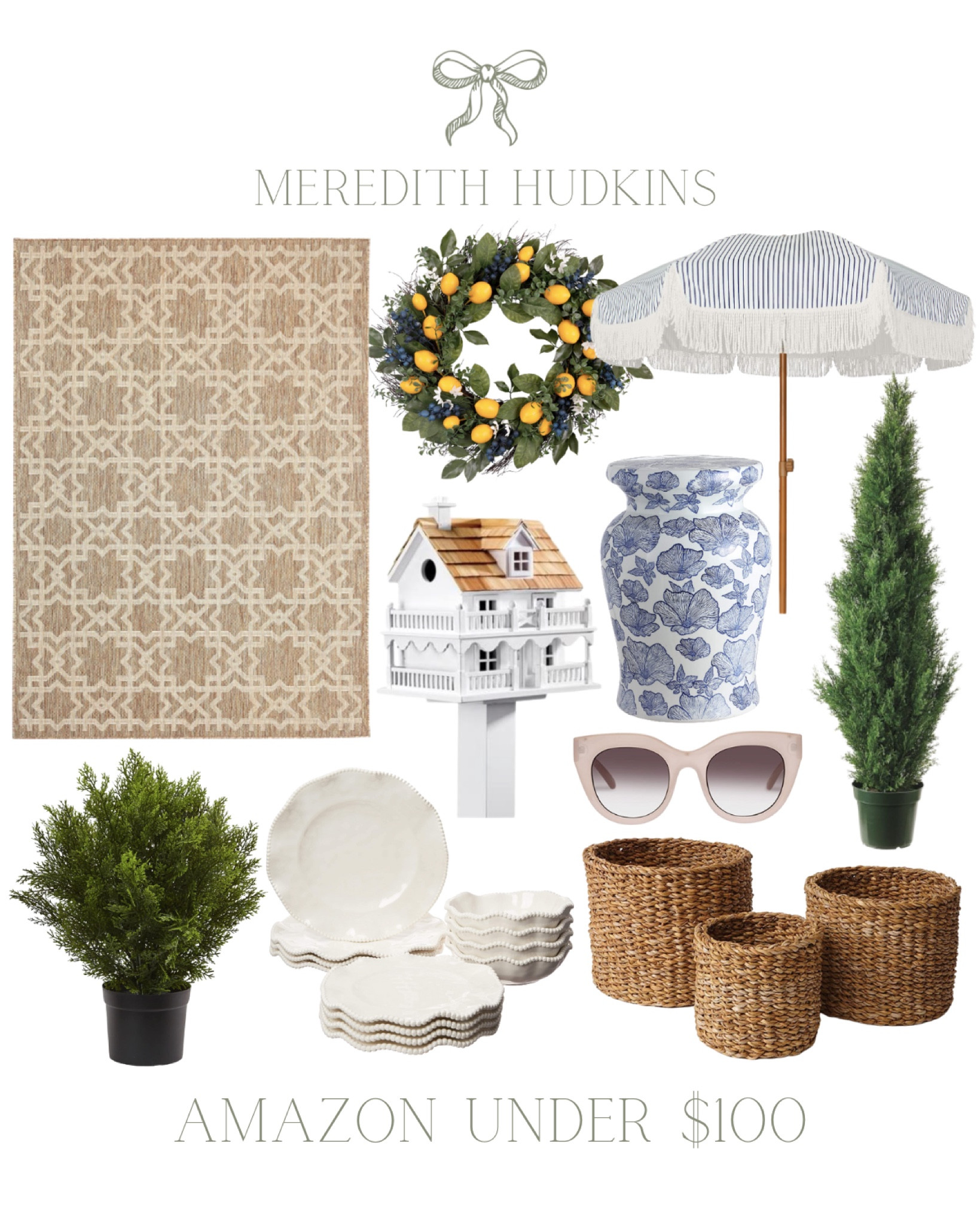 Outdoor living, outdoor indoor rug, lemon wreath, spring wreath, front porch, patio, front door wreath, beach umbrella, pool umbrella, blue and white home, garden stool, birdhouse, dinnerware, artificial cedar bush, baskets, women’s sunglasses, designer sunglasses, entertaining, hosting, Amazon

#LTKsalealert #LTKunder100 #LTKSeasonal