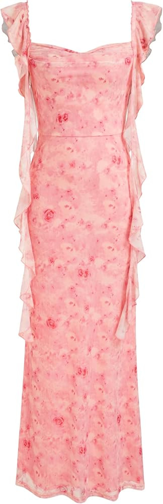 CIDER Formal Dresses for Women Wedding Guest Dresses Summer Maxi Dress Sleeveless Mesh Ruffle Coc... | Amazon (US)