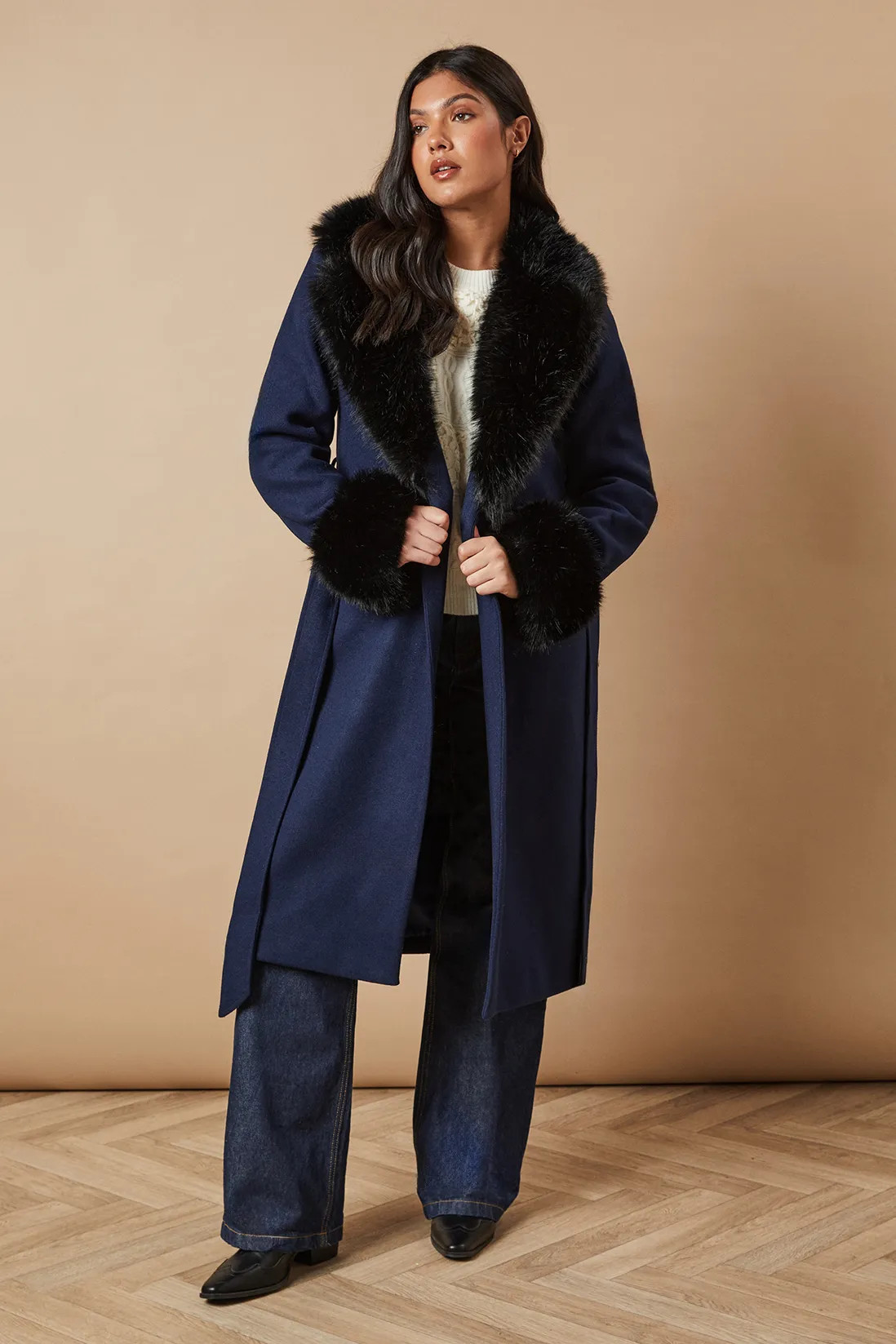 Jackets & Coats | Belted Fur Collar Coat | Oasis | Debenhams UK