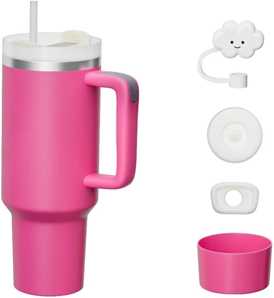 40 oz Tumbler with Handle and Straw Hot Pink Cup Lid Leak-proof Silicone Boot Straw Cover Cap Hot... | Amazon (US)