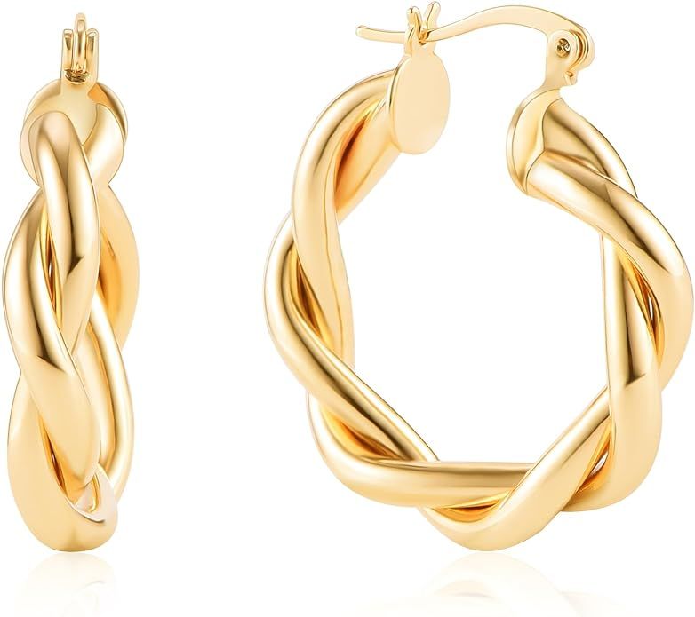 Gold Twisted Hoop Earrings for Women 14K Gold Copper Large Twist Chunky Hoop Earrings | Amazon (US)