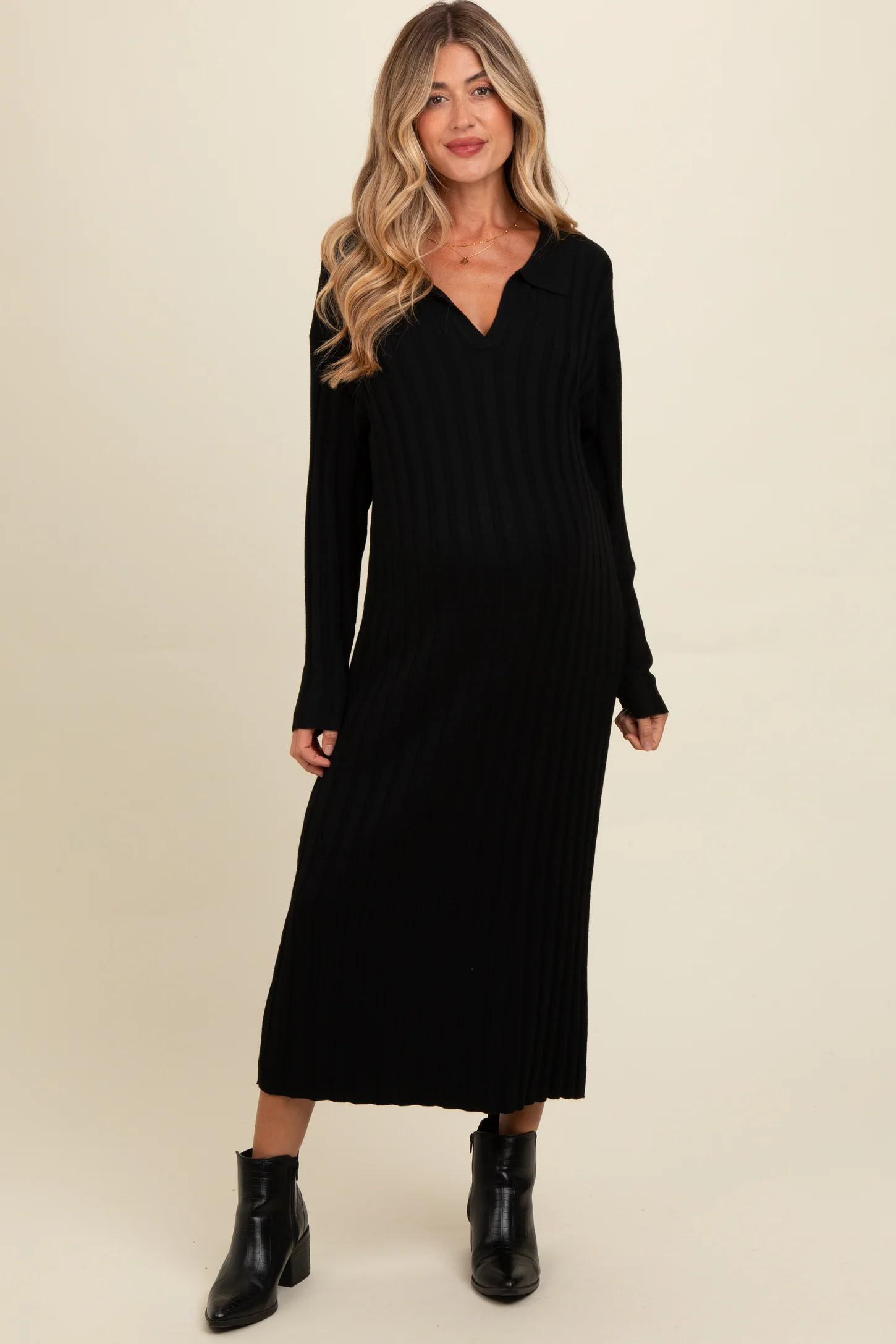 Black Ribbed Collared Maternity Midi Sweater Dress | PinkBlush Maternity