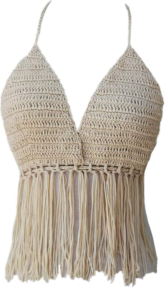 Fringe Bikini Halter Crop Top Handmade Crochet Swimsuit Summer Beachwear | Amazon (US)