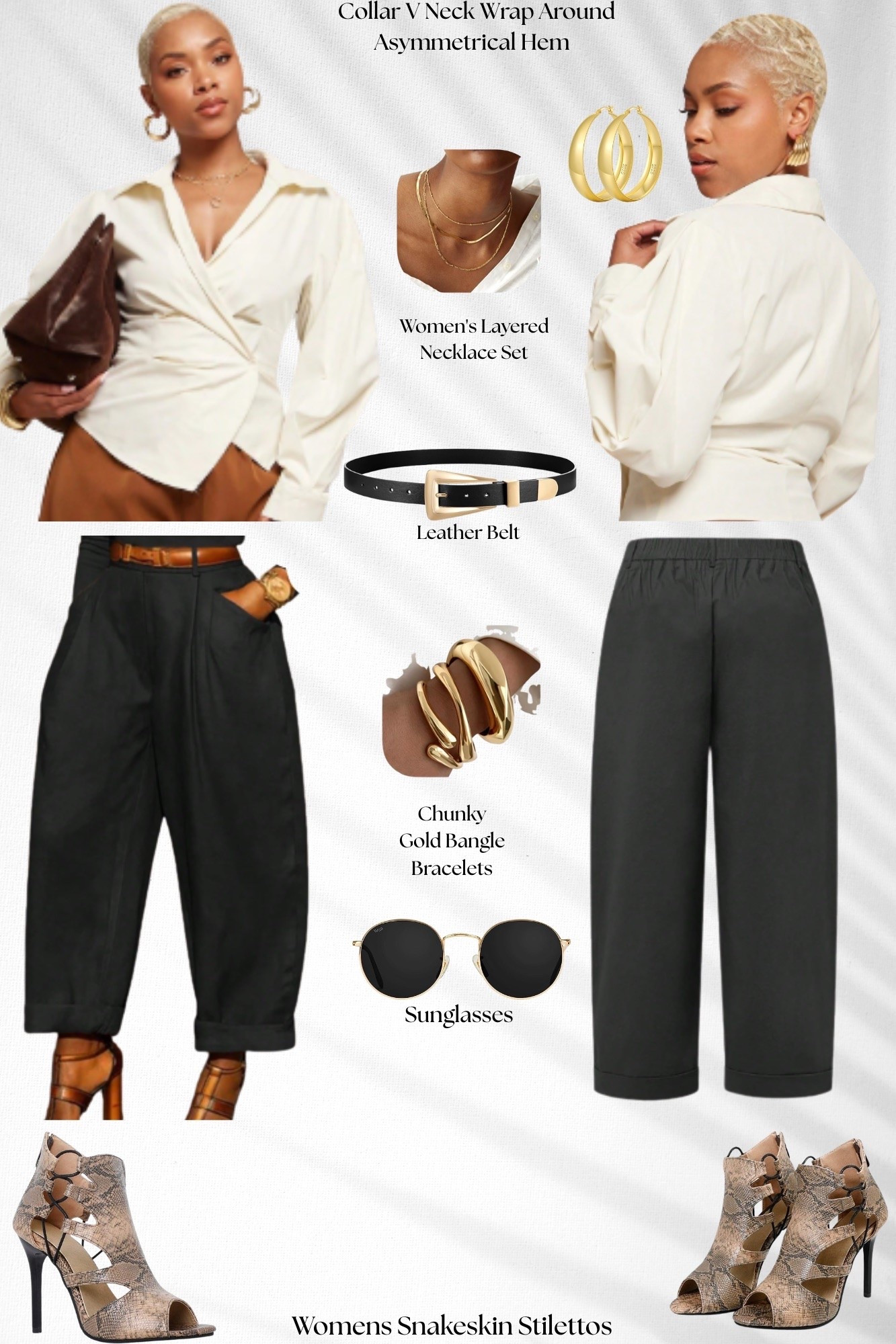 Cream Wrap Top + Black Trouser Look
Classy with a statement twist ✨🤎
This asymmetrical cream wrap top paired with relaxed black trousers and snakeskin heels is the definition of elevated style. The gold accessories and brown accents tie the entire look together beautifully.

#LTKootd #LTKgrwm #LTKOver40