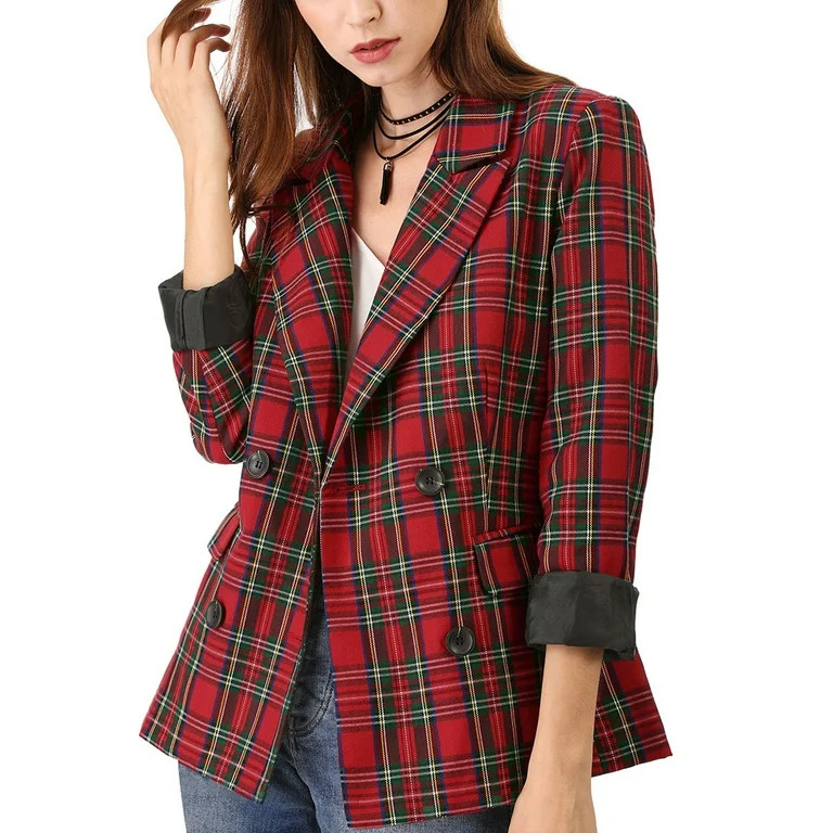 Allegra K Women's Halloween Costume Notched Lapel Double Breasted Plaid Blazer Jacket - Walmart.c... | Walmart (US)