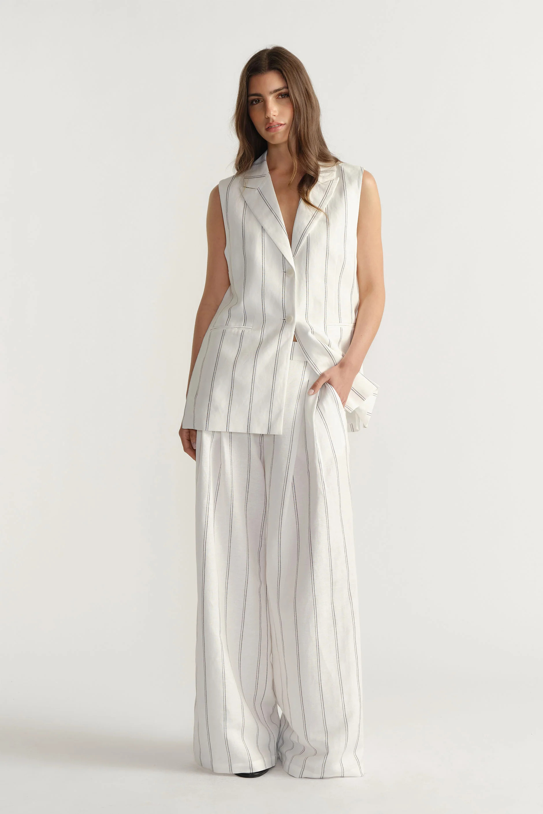 Paige Linen Blend Vest - Vanilla Stripe | DECJUBA