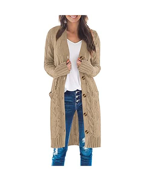 MEROKEETY Womens Long Sleeve Cable Knit Long Cardigan Open Front Button Sweater Outerwear Khaki a... | Amazon (US)