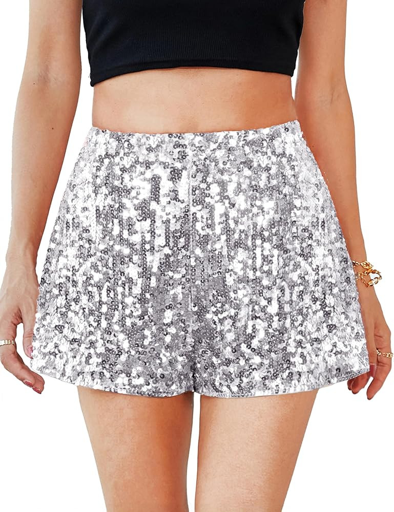 MANER Women's Sequin Shorts Sparkly Stretchy Night Out Party High Waisted Shorts | Amazon (US)