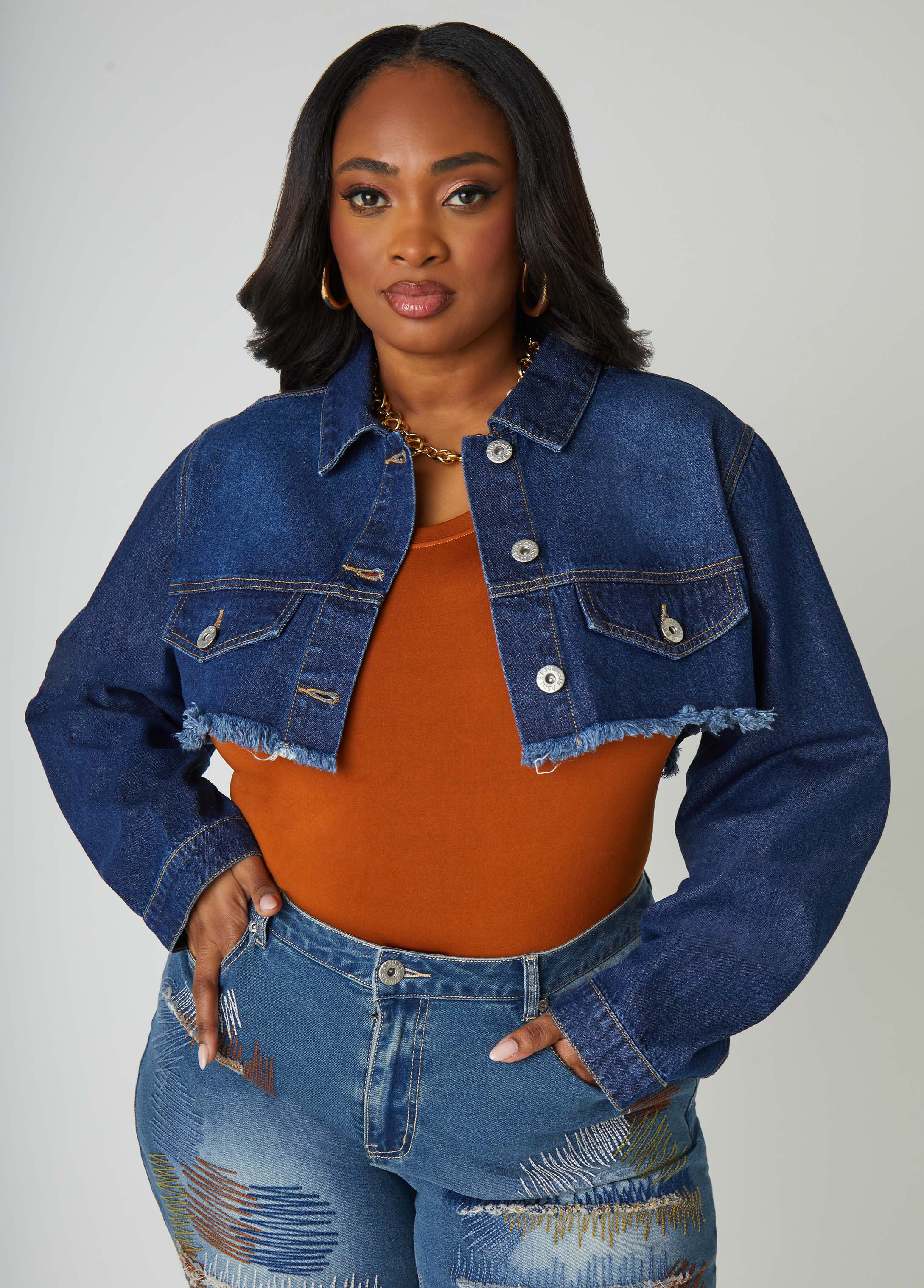 Plus Size Cropped Frayed Denim Jacket, Dk Rinse, 22/24 - Ashley Stewart | Ashley Stewart