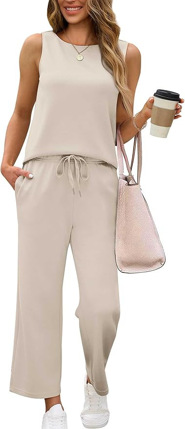 SAMPEEL Two Piece Sets for Women Summer Outfits Beach Vacation Clothes Wide Leg Crop Pants | Amazon (US)