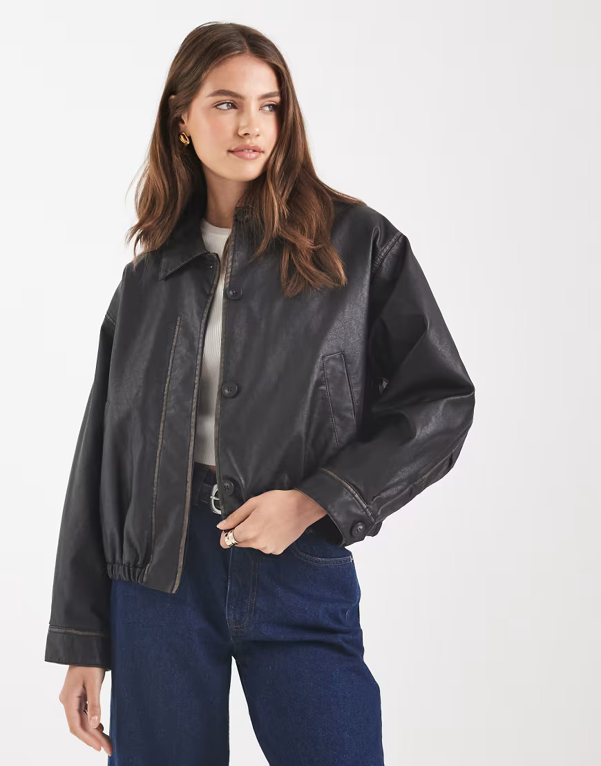 ASOS DESIGN vintage wash leather look bomber jacket in washed black | ASOS (Global)