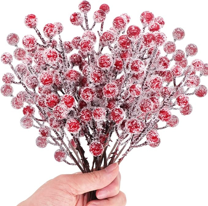 24 Pieces Artificial Holly Berry Stems 9" Christmas Berry Picks Sprays Snowy Fake Red Berries for... | Amazon (US)
