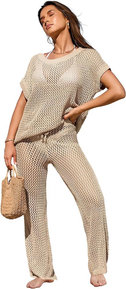 Famulily Womens 2 Piece Hollow Out Cover Up Set Crochet Knitted Outfits with Short Sleeve Tops an... | Amazon (US)