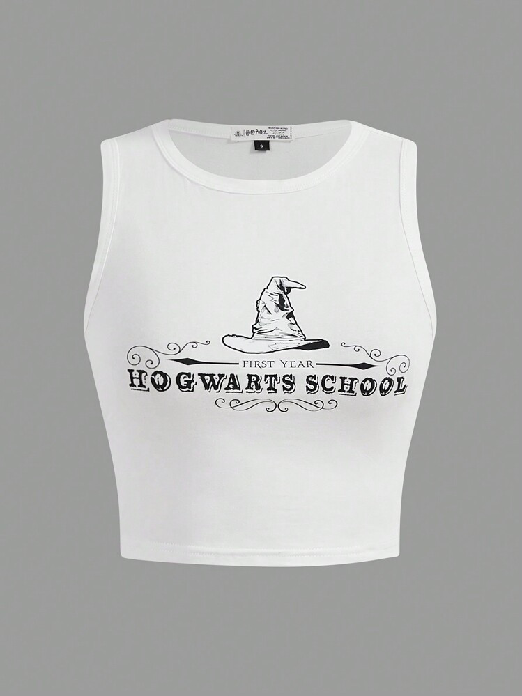 HARRY POTTER X SHEIN Women's Casual College Lettered Wizard Hat Print Tank Top , Summer FIRST YEAR HOGWARTS SCHOOL | SHEIN