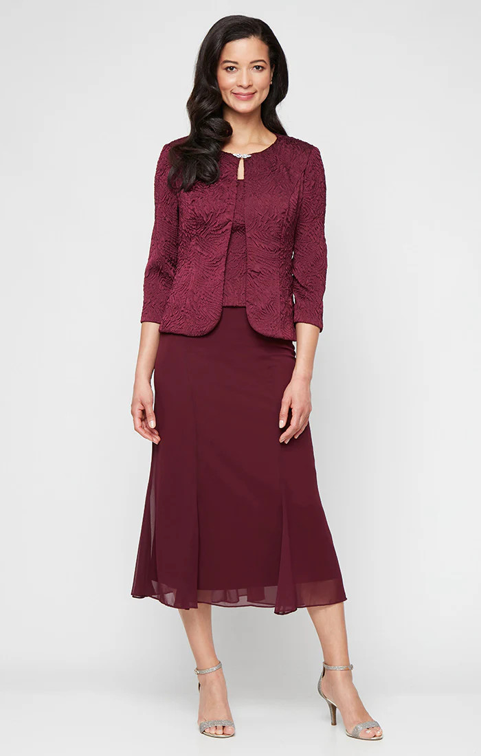 Petite Textured Jacquard Mock Jacket Dress with Scoop Neck Bodice and Jacket | Alex Evenings