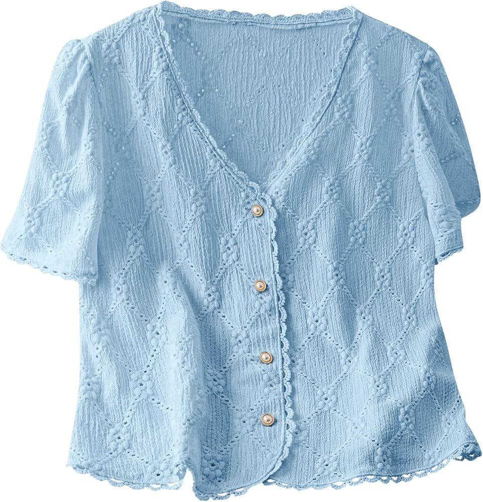 COZYEASE Women's Floral Embroidered Button Down Blouse Frill Trim Short Puff Sleeve V Neck Vacati... | Amazon (US)