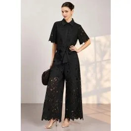 Guipure Lace Crop Shirt and Tie-Waist Pants Set in Black for Resort Vacations & Daytime Occasions | Chicwish