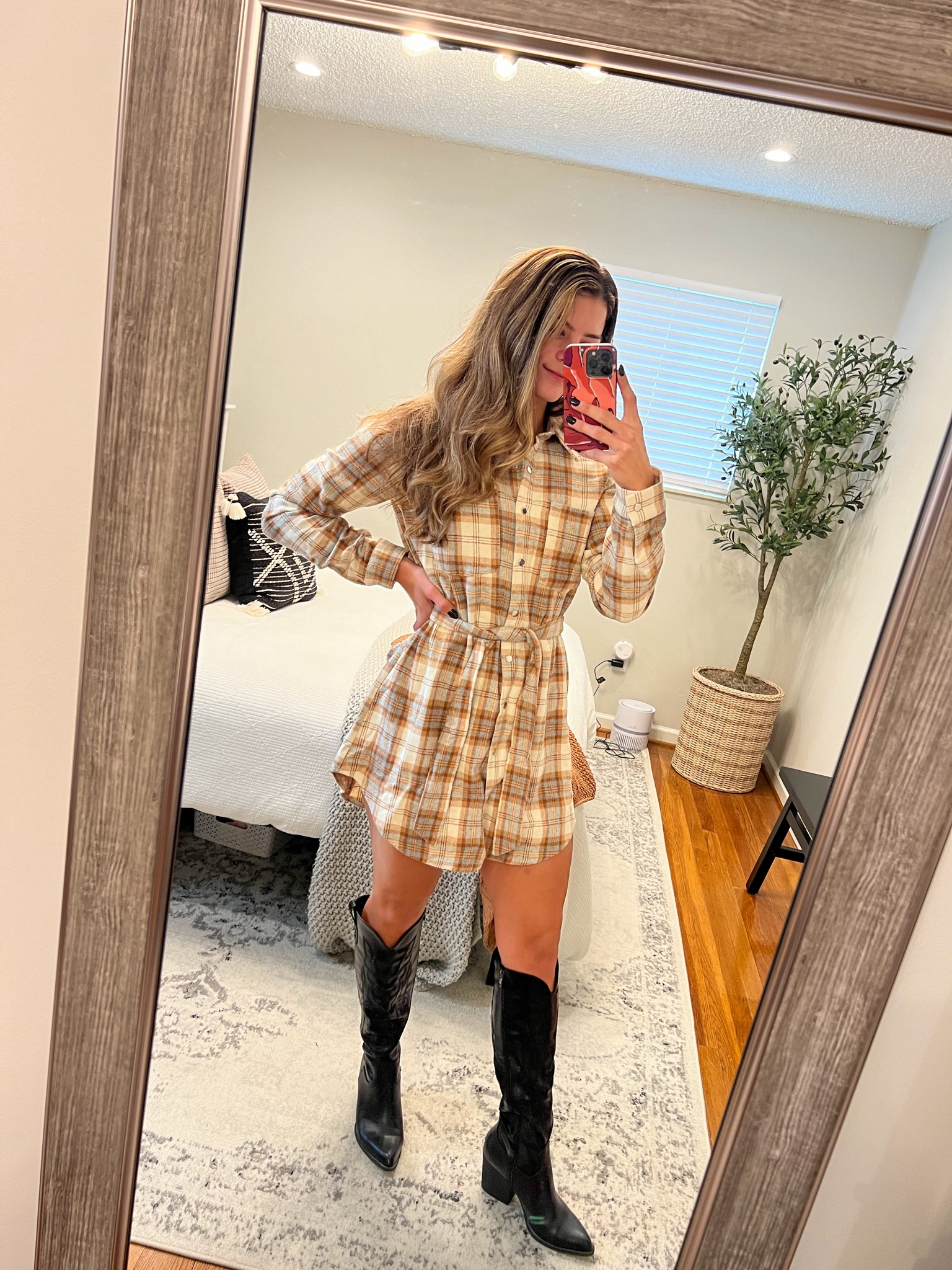 Fall flannel shirt dress outfit 😊 
Size medium!

Flannel dress, shirt dress, knee high boots, fall western outfit, holiday outfits 

#LTKfindsunder100 #LTKGiftGuide #LTKSeasonal