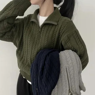PINPI - Collar Plain Half-Zip Cable Knit Sweater | YesStyle | YesStyle Global