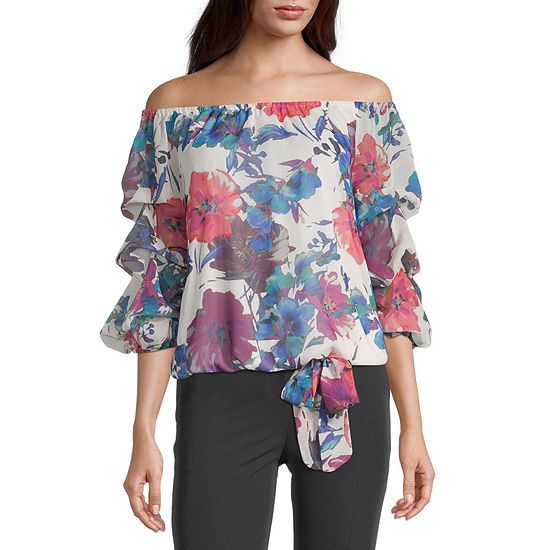 MSK Womens Off The Shoulder 3/4 Ruffle Sleeve Tie Blouse | JCPenney