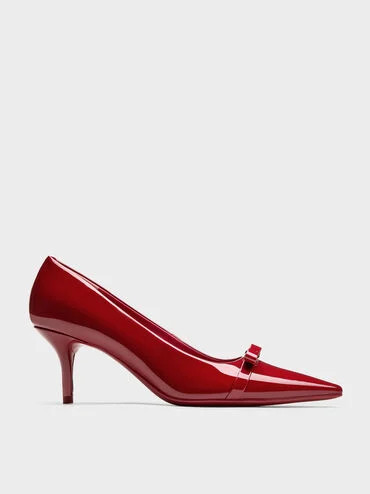 Red Dorian Patent Bow Pointed-Toe Stiletto-Heel Pumps | CHARLES & KEITH UK | Charles & Keith UK