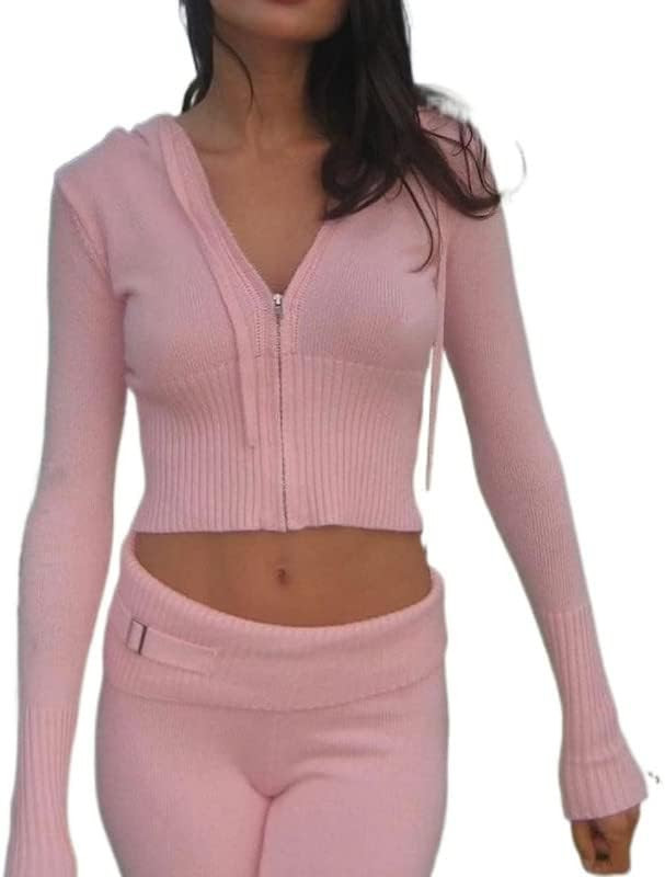 Women's Ribbed Knit 2Pcs Outfits Long Sleeve Zip Up Hooded Sweater Top Flare Skinny Pants Set Y2K... | Amazon (US)
