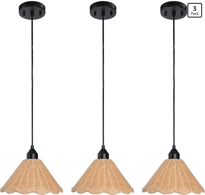 Boho Rattan Scalloped Pendant Light Fixture 3-Pack, 11'' Natrual Hand-Woven Rattan Shade, Rustic,... | Amazon (US)