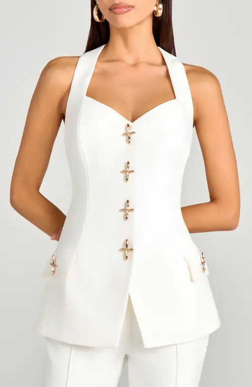 NADINE MERABI Zoe Novelty Button Long Vest in White at Nordstrom, Size 8 | Nordstrom