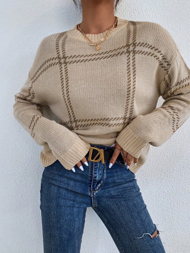 SHEIN Essnce Plaid Pattern Drop Shoulder Sweater | SHEIN