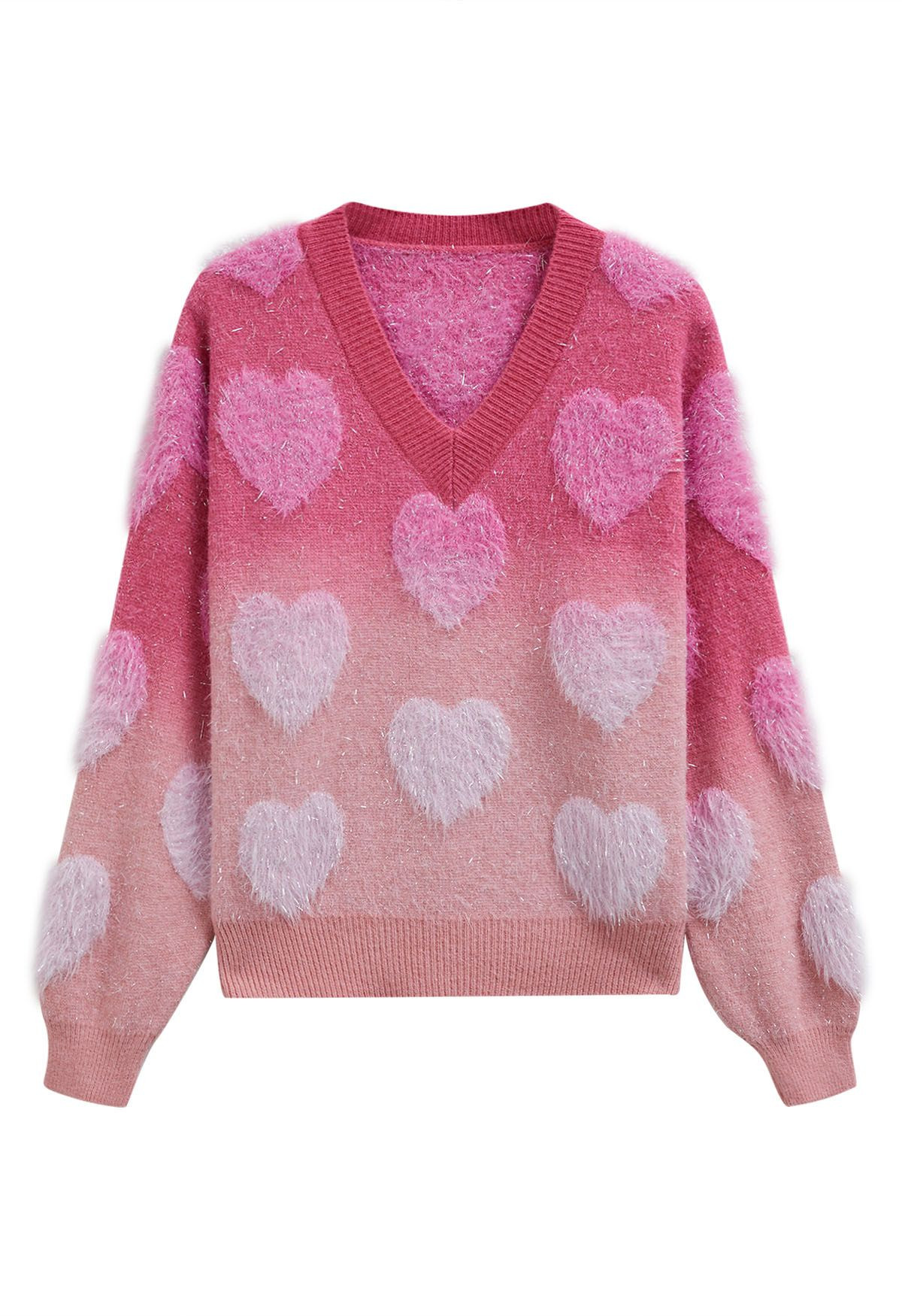 Ombre Fuzzy Heart Fringe Knit Sweater in Pink | Chicwish