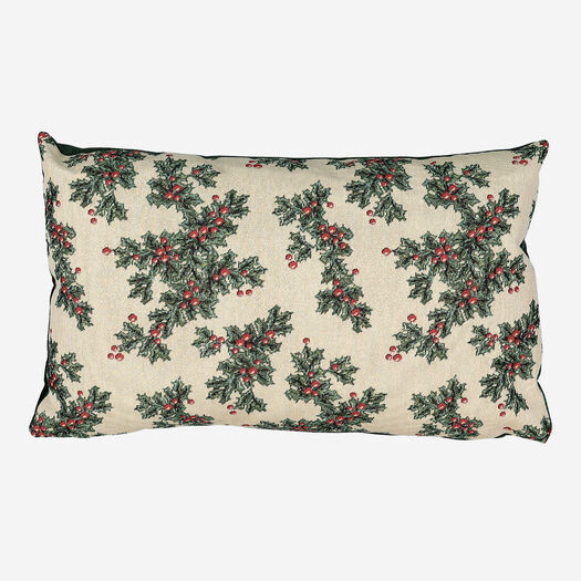 White & Green Holly leaves Tapestry Cushion 50x35cm | TK Maxx